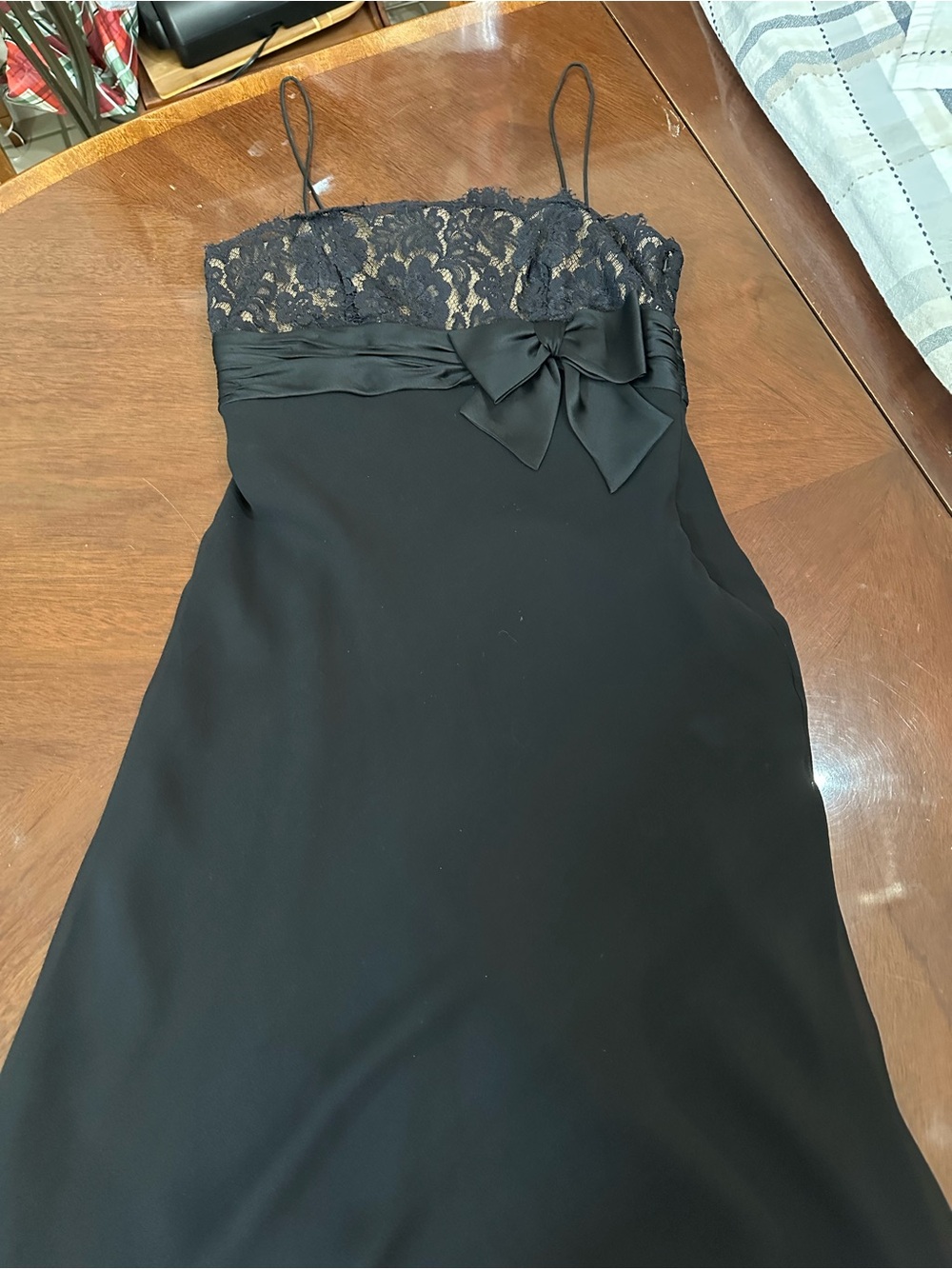Anne Klein Black Strapless Lace Bodice Dress with Bow